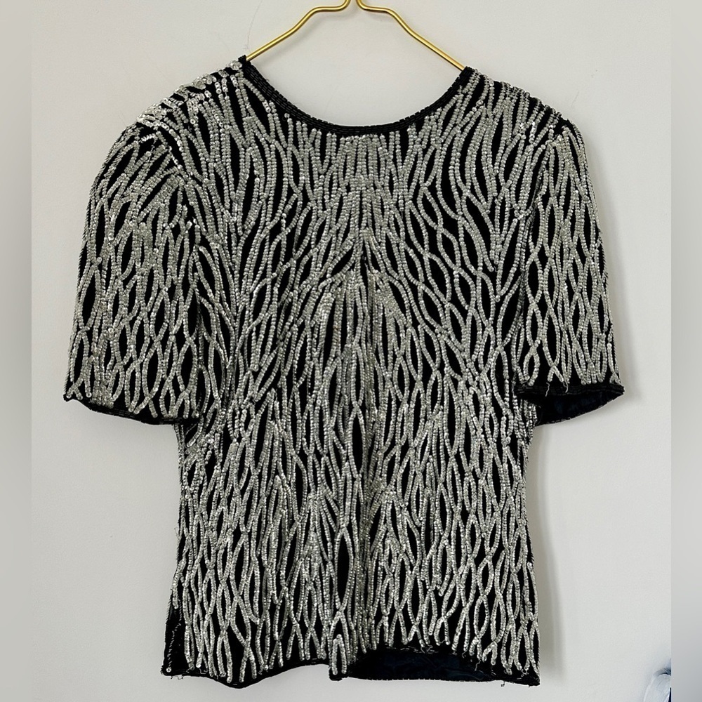 Vintage Royal Feelings Black Pure Silk Silver Sequin Ornate Evening Top FLAW XL